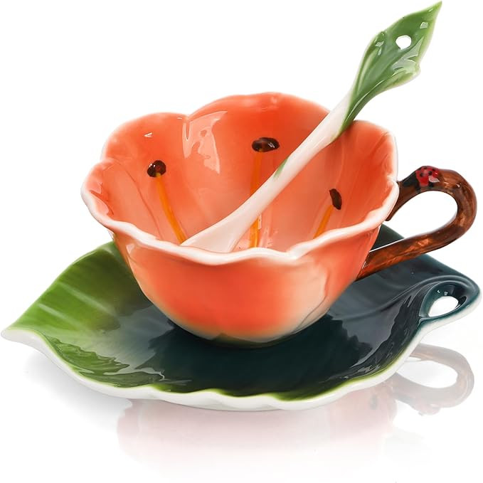 Cididu Flower Tea Cup and Saucer, 6 Oz Ceramic Coffee Mug with Spoon, 3D Handmade Vintage Drinkin... | Amazon (US)