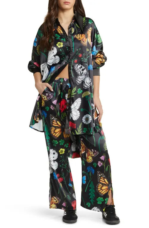 Dressed in Lala Posh Floral Oversize Satin Button-Up Shirt & Pants Set in Folklore at Nordstrom, Size X-Large | Nordstrom