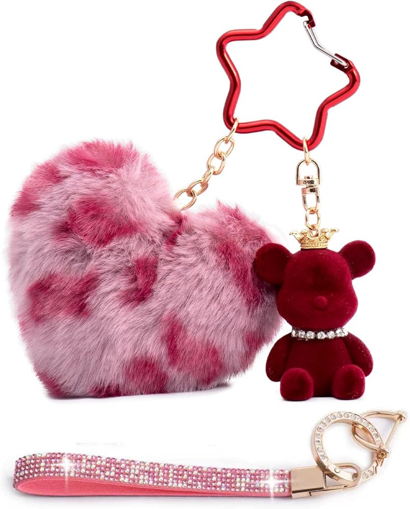Key Chain Women Cute Bear Bag Charm with Heart Pom Pom Puff Ball Keychain Charms for Purse Backpa... | Amazon (US)