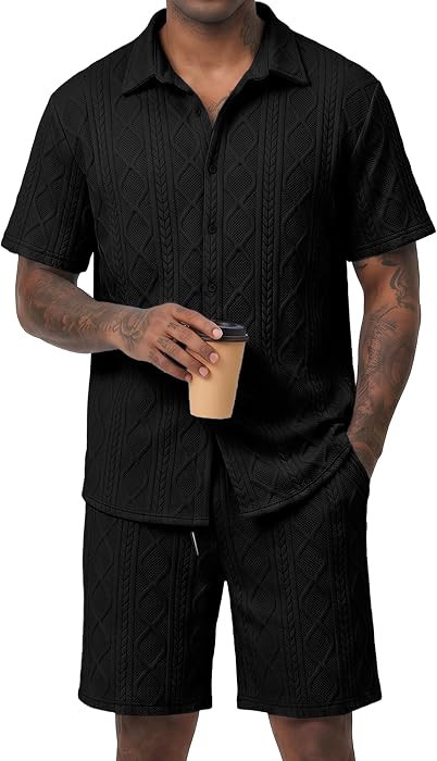 JMIERR Men's Summer 2 Piece Beach Sets Texture Short Sleeve Button Down Knit Shirts and Shorts Va... | Amazon (US)