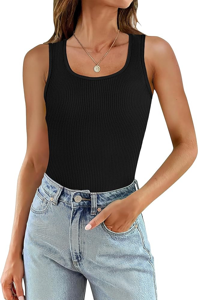 WIHOLL Ribbed Tank Tops for Women Cropped Round Neck Basic Fitted Tops for Women Black Athletic M... | Amazon (US)