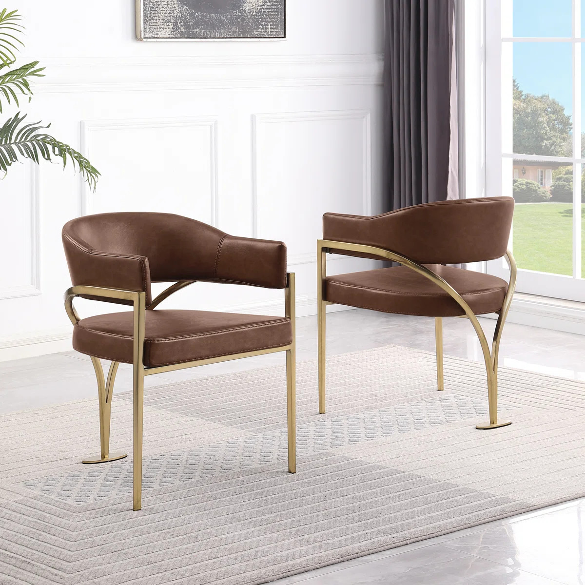 Leathaire Side Chairs With Matte Gold Chrome Tri-Leg Base (Set of 2) | Wayfair North America