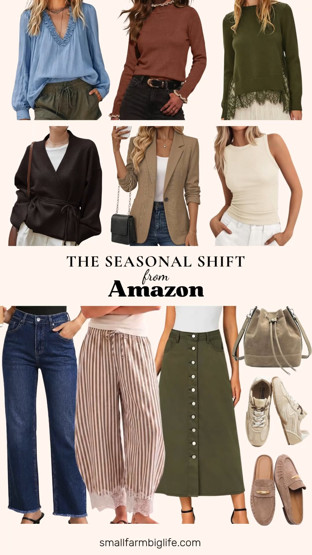 The Seasonal Shift

This roundup is all about easing into fall without putting away your warm weather pieces just yet. A dusty blue ruffled v neck blouse and a beige ribbed high neck tank both work as easy layering pieces now and into cooler weather, and the striped lace hem capri pants are a great transitional piece to wear now with sandals or later with boots.

For work outfits and business casual workwear, the dark khaki ruched sleeve blazer and the tawny brown mock neck ruffle sweater are both great teacher outfits or office picks that layer easily over a blouse or tank. A chocolate brown wrap cardigan and an army green asymmetrical lace trim sweater add texture for fall outfits women will want on repeat, and the army green denim midi skirt pairs easily with either.

Round it out with taupe suede loafers or beige retro sneakers depending on the look, and the light taupe suede bucket bag is the perfect neutral that goes with everything in this set.

#falloutfits #workoutfits #businesscasual #teacheroutfits #seasonaltransition 

 #LTKootd #LTKOver40 #LTKWorkwear