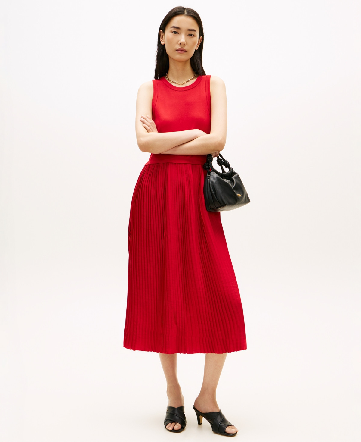 Tommy Hilfiger Women's Mix Media Pleated Sleeveless Midi Dress - Primary Red | Macy's