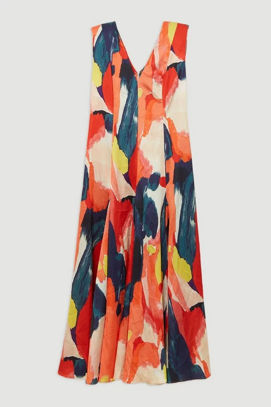 Satin Print V Neck Woven Maxi Dress | Karen Millen UK + IE + DE + NL