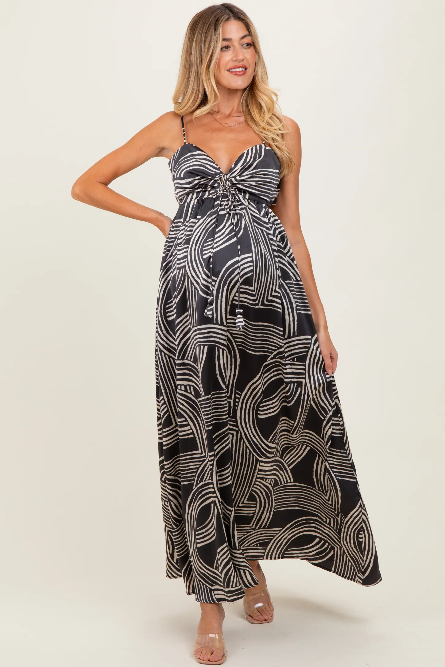 Black Printed Halter Cutout Tie Back Maternity Maxi Dress | PinkBlush Maternity