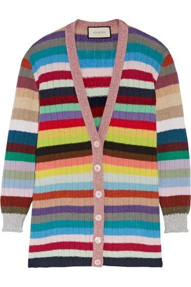 Gucci - Metallic-trimmed Striped Cashmere And Wool-blend Cardigan - Red | NET-A-PORTER (US)