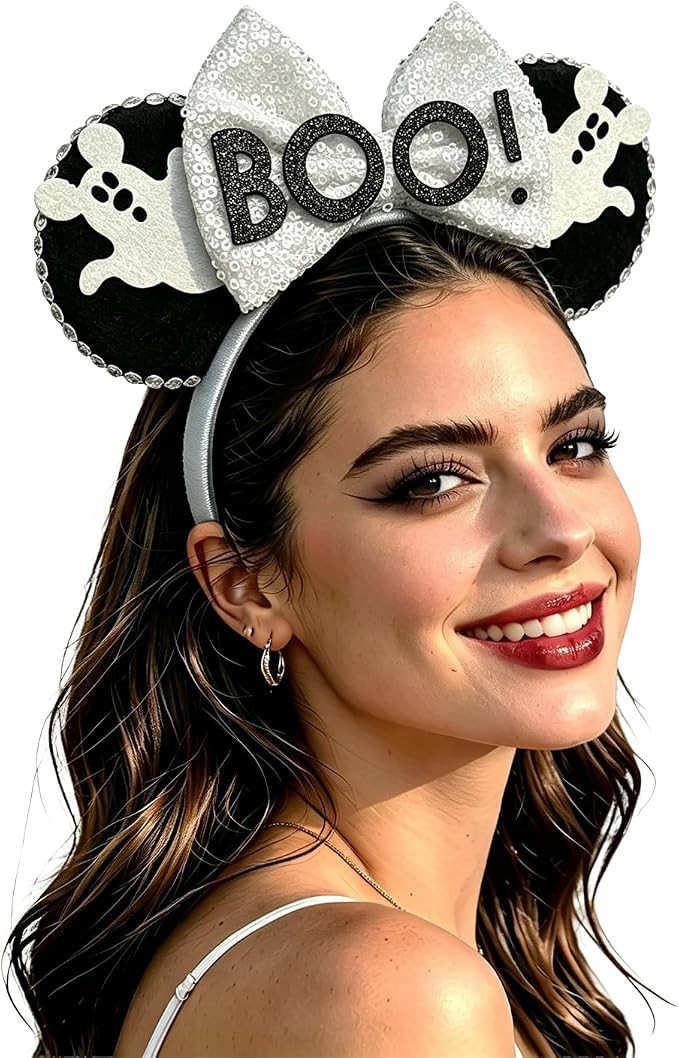 Boo! Mouse Ears Headband for Women Sequin White Bows | Halloween Costume for Women | Amazon (US)