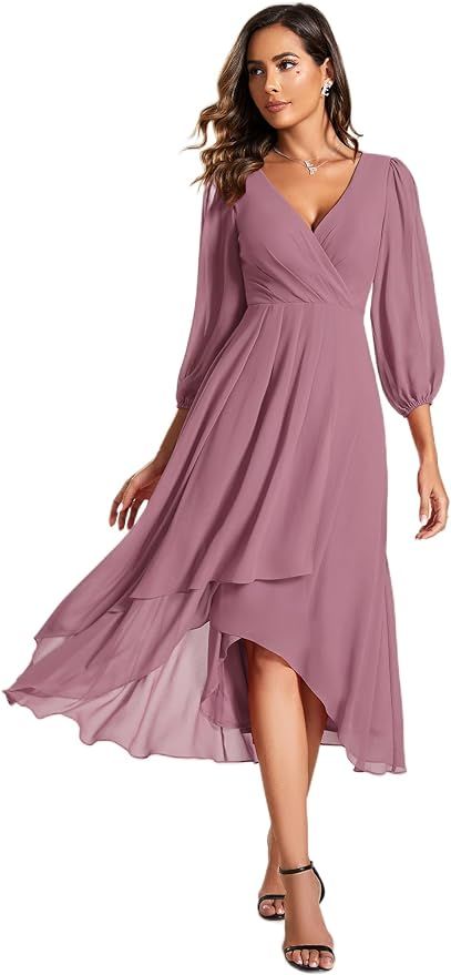 Ever-Pretty Women's Chiffon Spring V Neck Long Sleeves Pleated A-Line Midi Length Wedding Guest D... | Amazon (US)