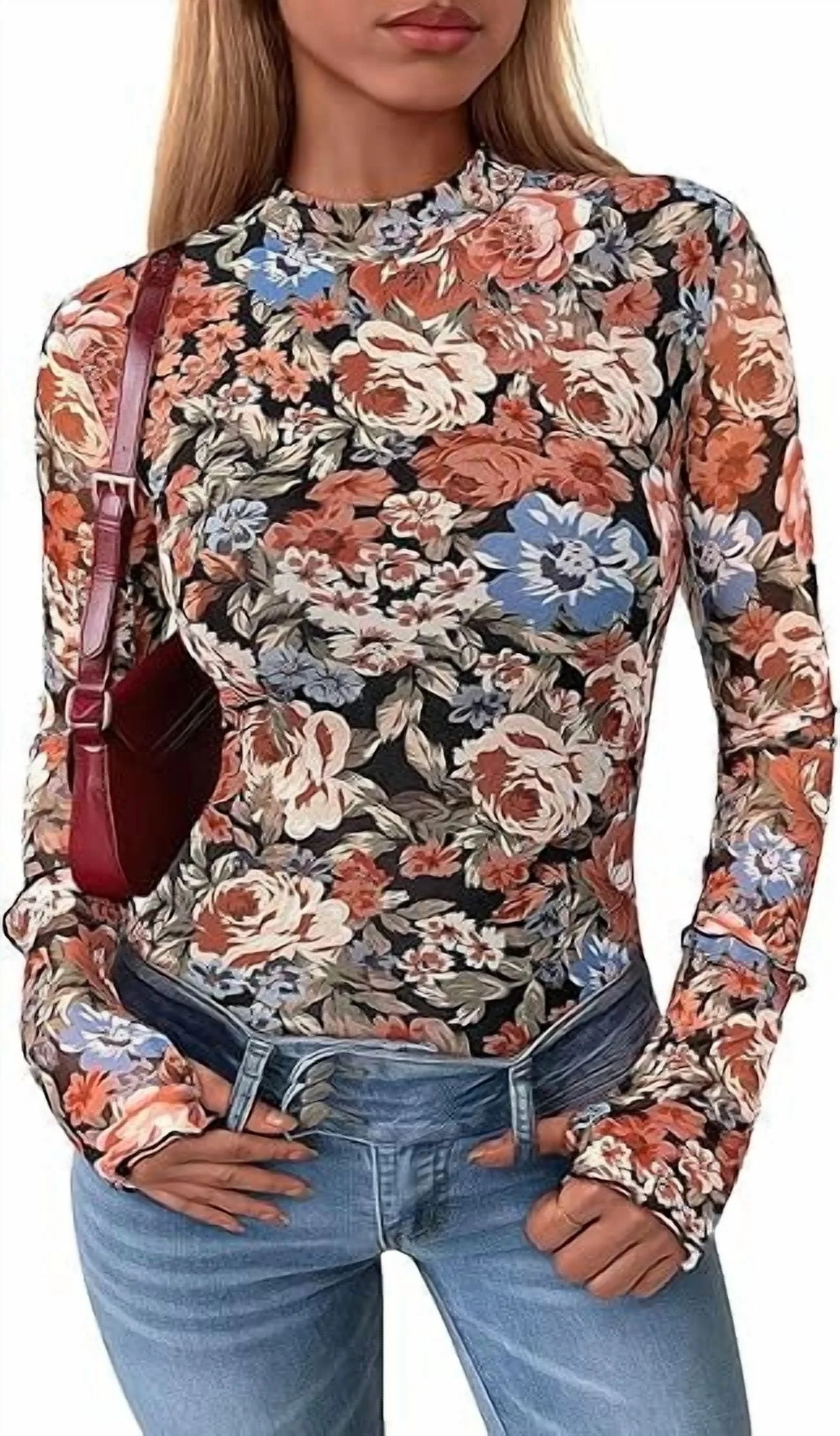 PRETTYGARDEN Womens Long Sleeve Going Out Tops Fall Mesh Floral Blouses Slim Fitted Shirts Date N... | Walmart (US)
