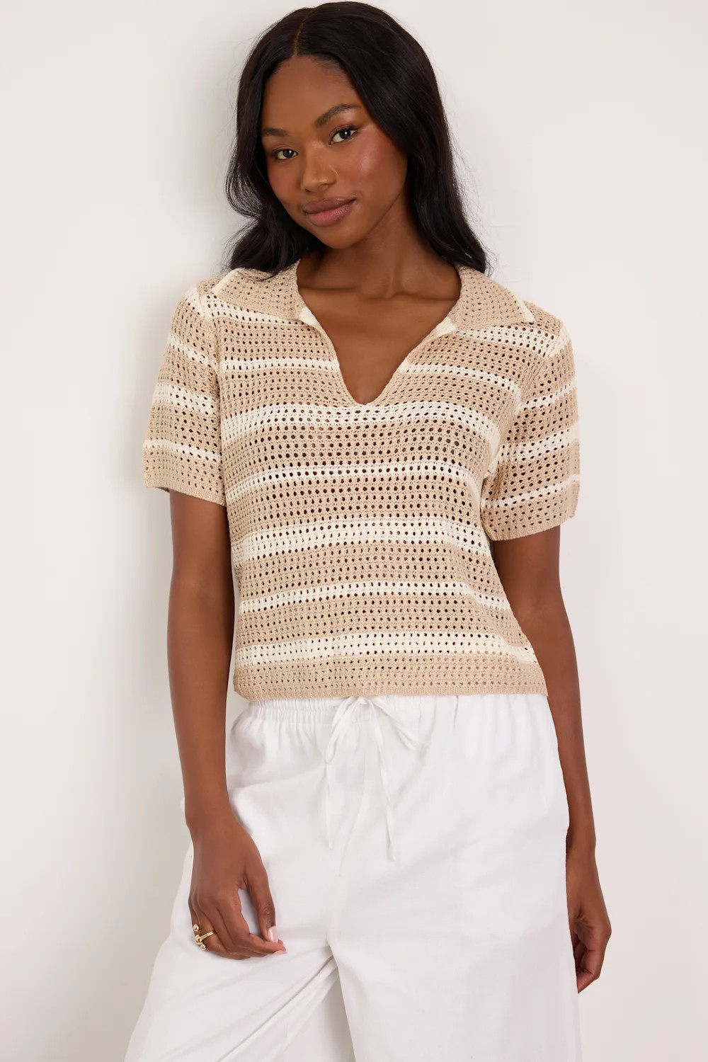 Bebe Beige Striped Crochet Collared Top | Lulus
