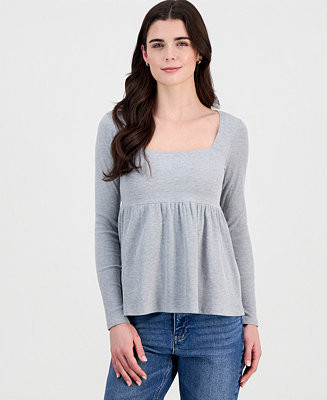 Juniors' Long Sleeve Ribbed Babydoll Top | Macy's