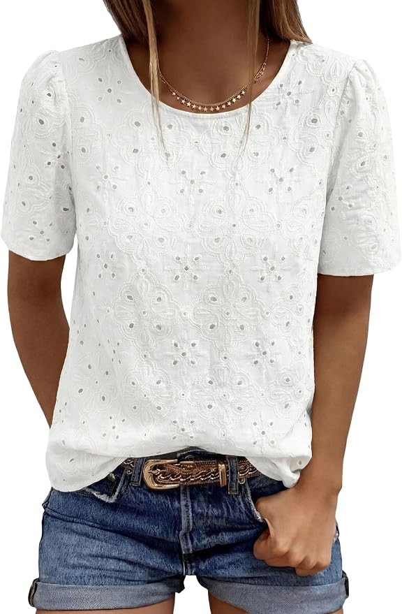 PRETTYGARDEN Embroidered Eyelet Tops for Women Summer Blouses Dressy Casual 2026 Spring Work Teac... | Amazon (US)