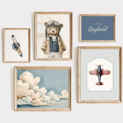 Teddy Bear Nursery Wall Art Decor Vintage Boy Room Pictures Baby Boy Nursery Canvas Wall Decor Blue Vintage Airplane Poster Kids Travel Aviation Prints for Playroom Bedroom 8x10x5 Inch Unframed | Amazon (US)