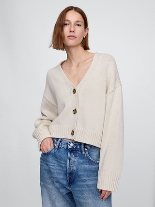 100% Cotton Cropped V-Neck Cardigan | Gap (US)