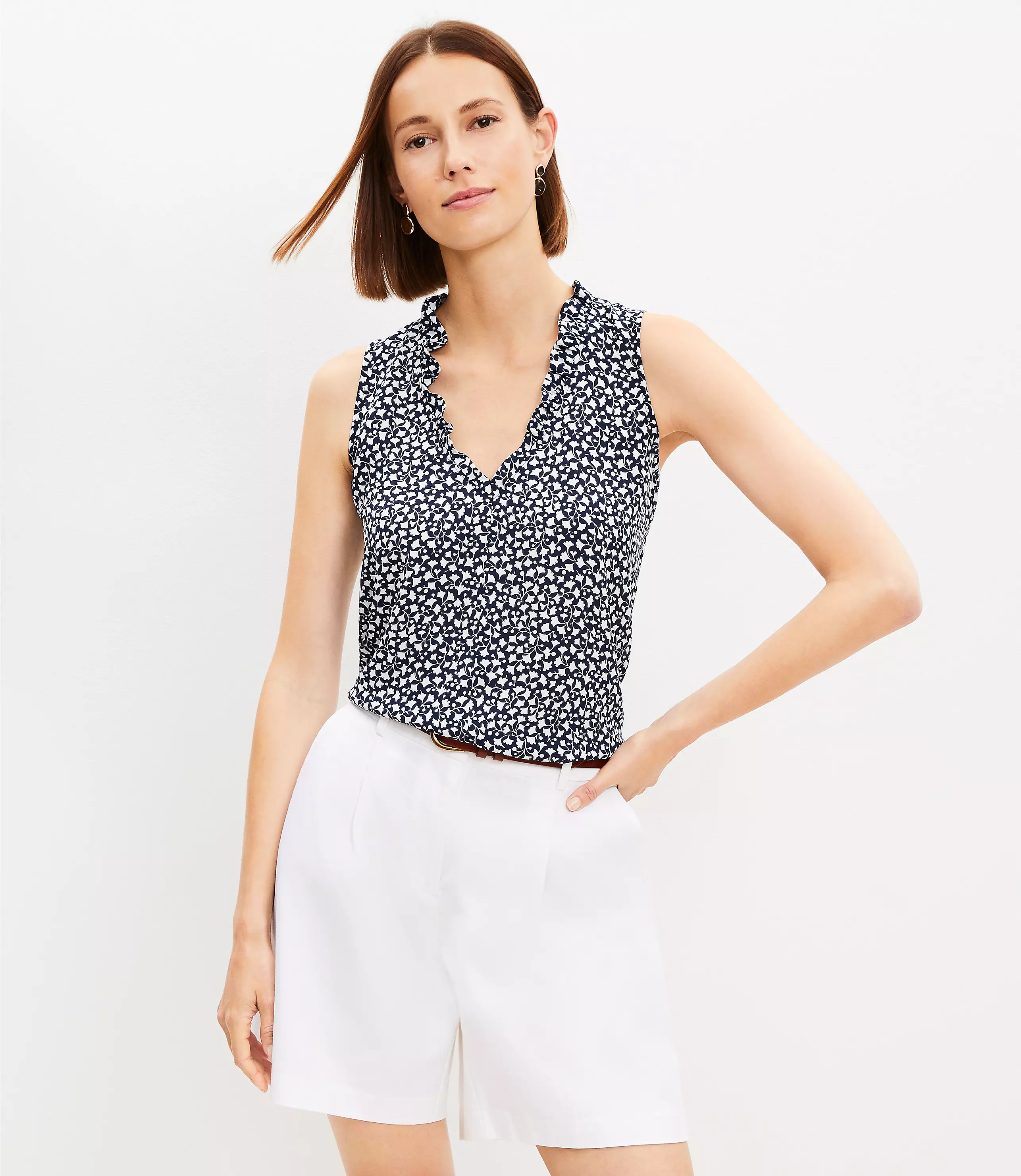 Gingko Ruffle V-Neck Mixed Media Shell | LOFT