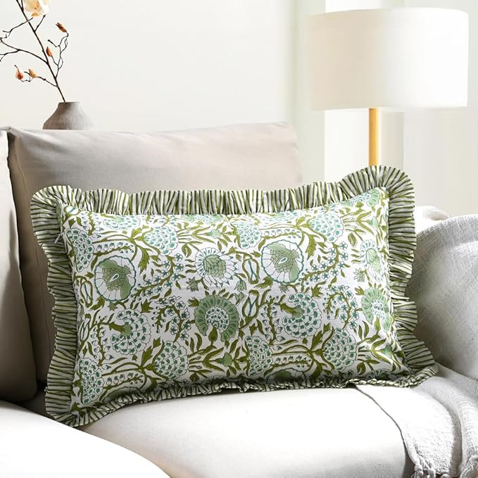 CPC Agate Green 100% Cotton Block Print Ruffle Sham Cover 12x20 inch, Handmade Boho Floral Pillow... | Amazon (US)