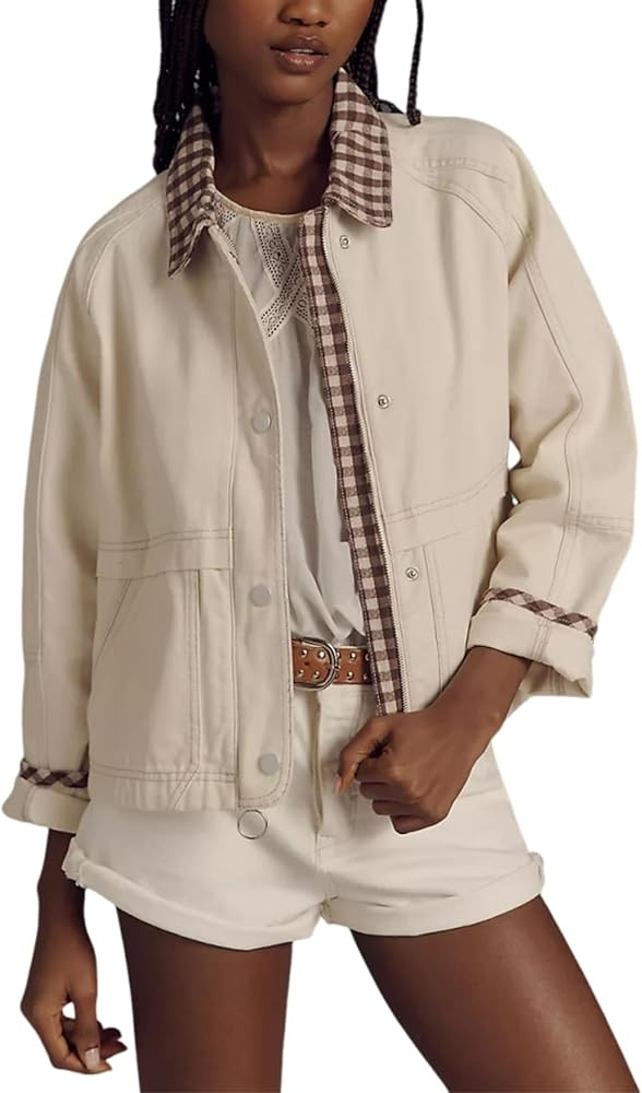 Aimiray Plaid Bomber Jacket Women Lapel Zip Up Casual Spring Coat Oversized Cropped Outerwear Jac... | Amazon (US)