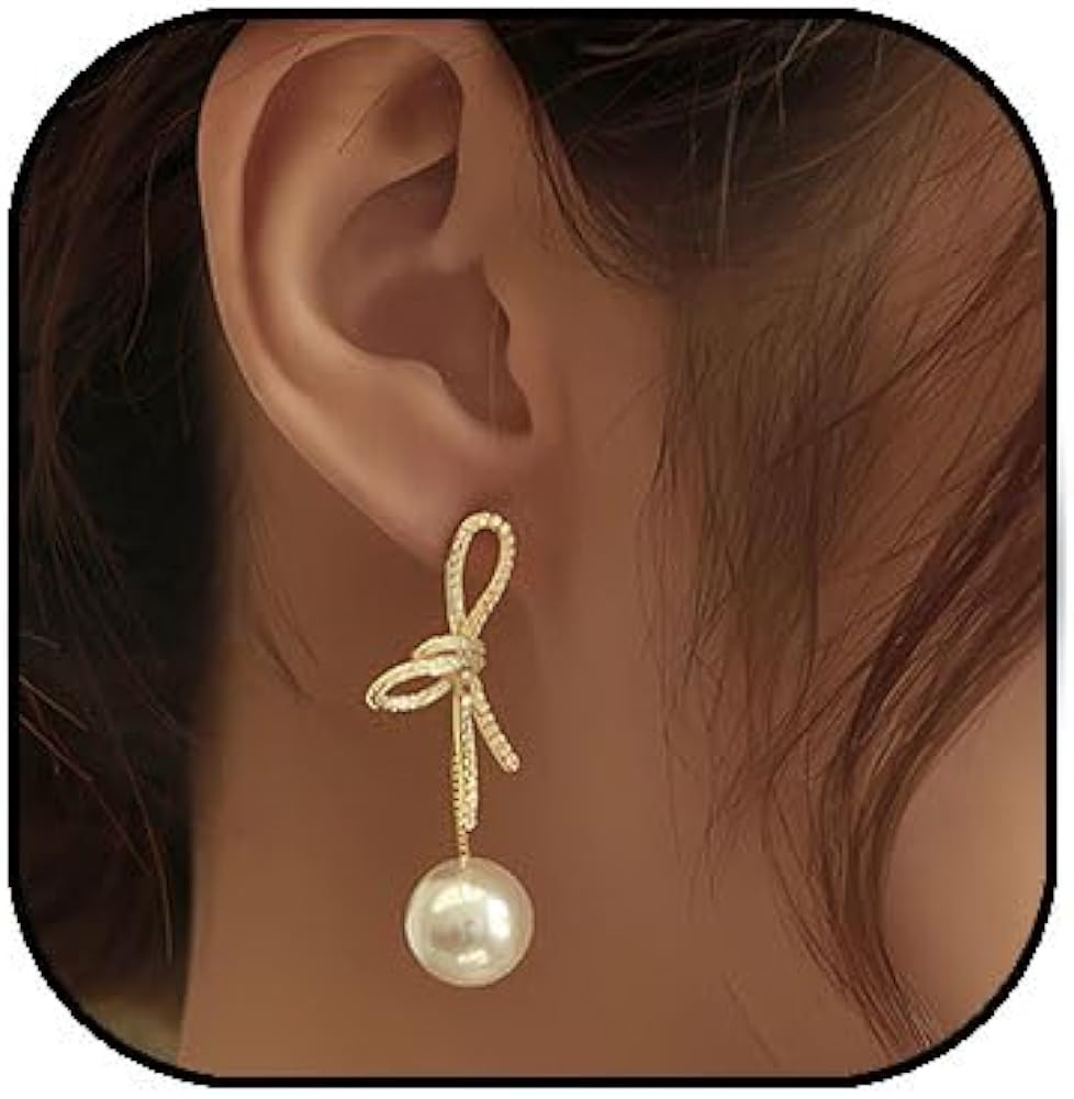 Bow Pearl Earrings for Women Crystal Bow Earrings 14K Gold Bowknot Dangle Drop Earring Dainty Sta... | Amazon (US)