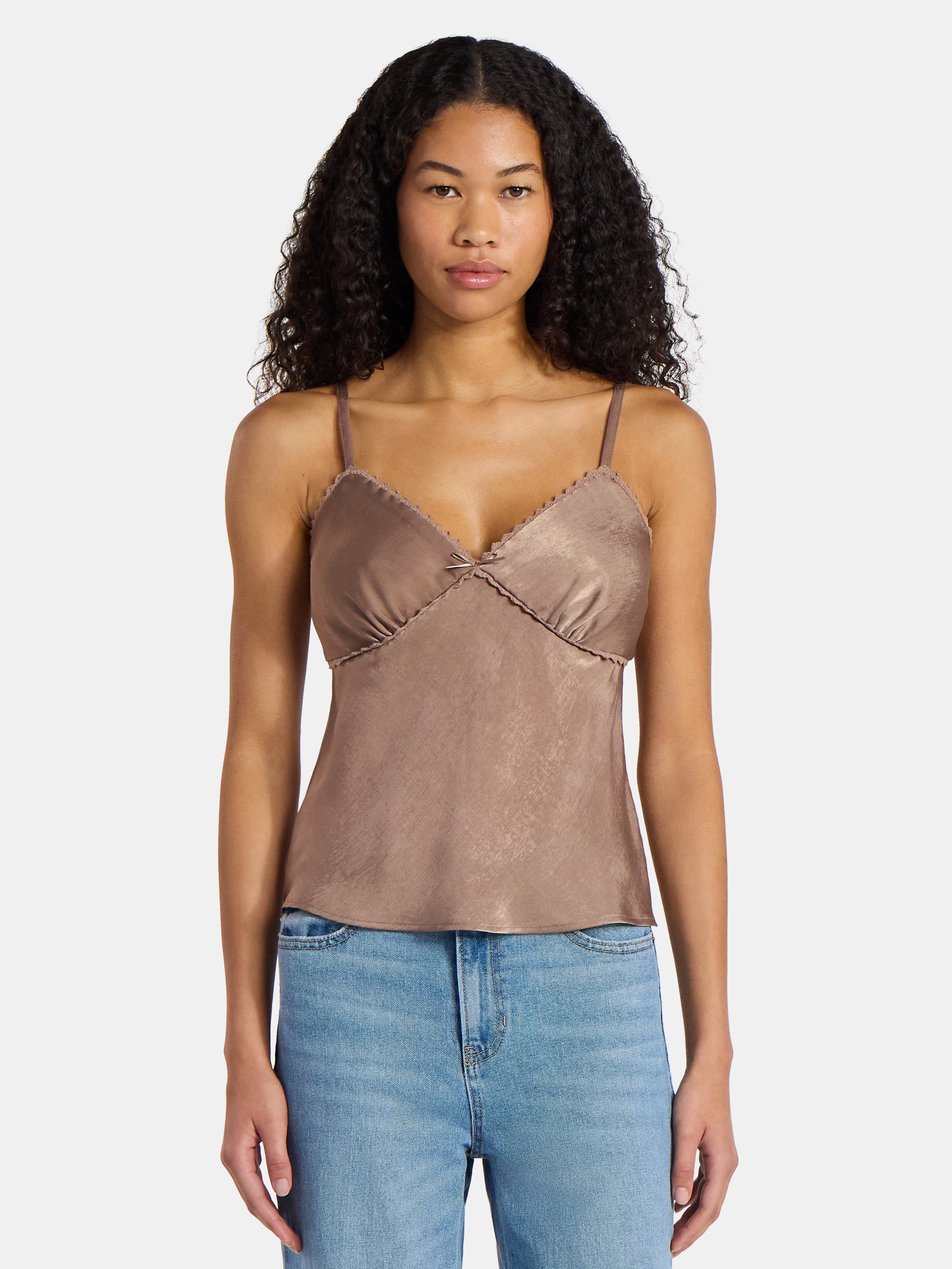 No Boundaries Woven Cami Top with Lace Trim and Bow, Women's | Walmart (US)