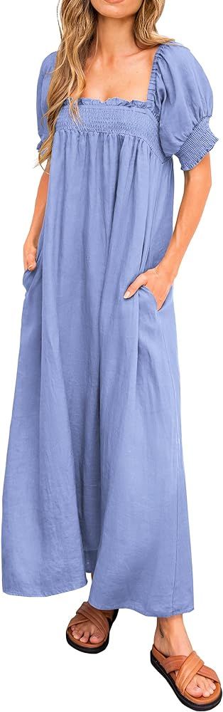 KIRUNDO 2023 Women's Summer Puff Sleeve Square Neck Loose Maxi Dress Pocketed Babydoll Maternity Dre | Amazon (US)