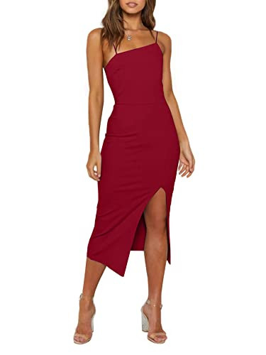 LYANER Women's Spaghetti Straps Split Hem Sleeveless Zipper Bodycon Midi Dress Burgundy Medium | Amazon (US)