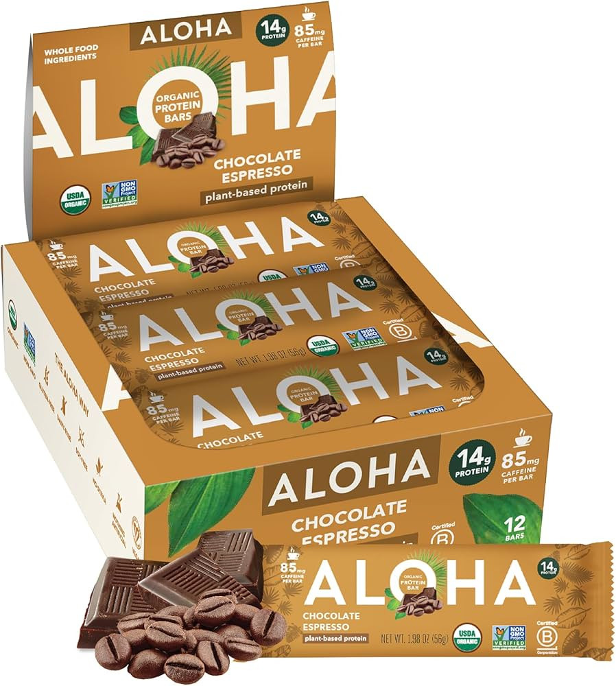 ALOHA Organic Plant Based Protein Bars - Chocolate Espresso (85mg Caffeine) - 12 Bars, Vegan, Low... | Amazon (US)