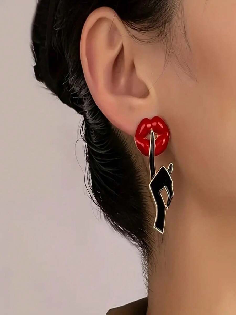 Unique Creative Red Lips Design Screw Stud Earrings, Alloy Jewelry, Elegant & Sexy Style Personal... | SHEIN