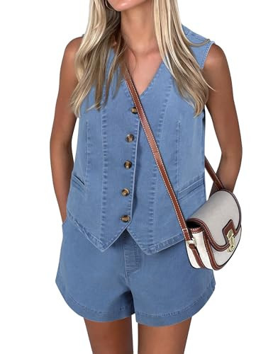 Amazon.com: Nitzana Women Denim 2 Piece Sets Denim Outfit Matching Sets Jeans Shorts Sets Sleevel... | Amazon (US)