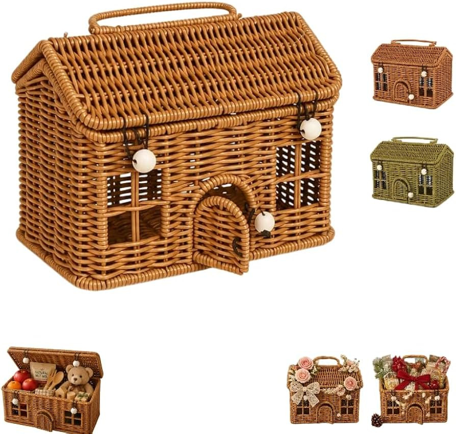 House Shaped Storage Basket with Lid, Brown Plastic Rattan Wicker Picnic Basket for Small Items, ... | Amazon (US)