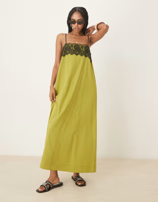 ASOS DESIGN lace overlay midi cami dress in olive | ASOS (Global)