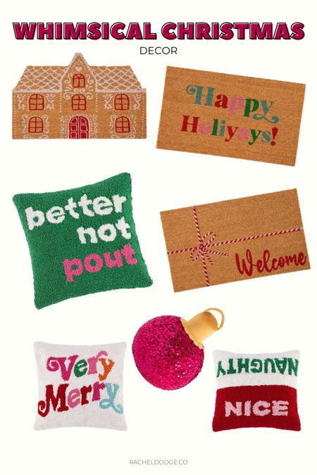 Whimsical and colorful Christmas decor for your home from the entry to the living room. Add a pop of color to your front door way and your sofa or bed with these adorable door mats and pillows! 

#LTKhome #LTKSeasonal #LTKHoliday