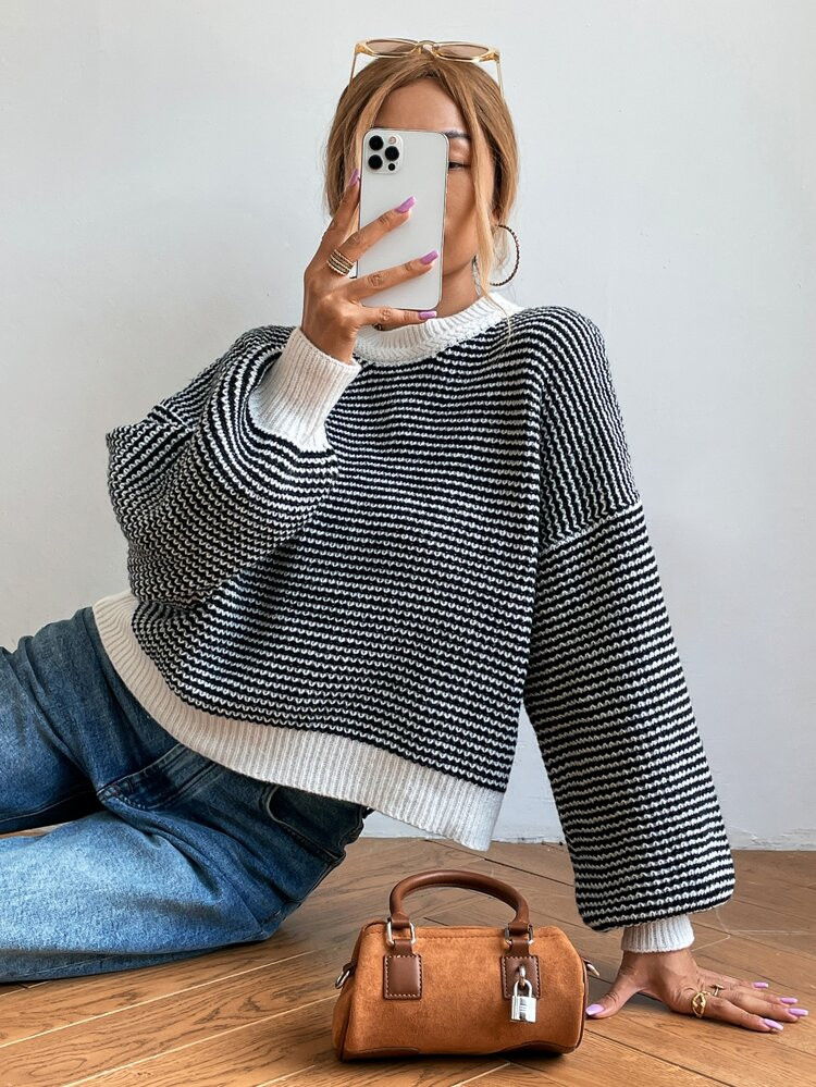 Striped Pattern Drop Shoulder Sweater | SHEIN