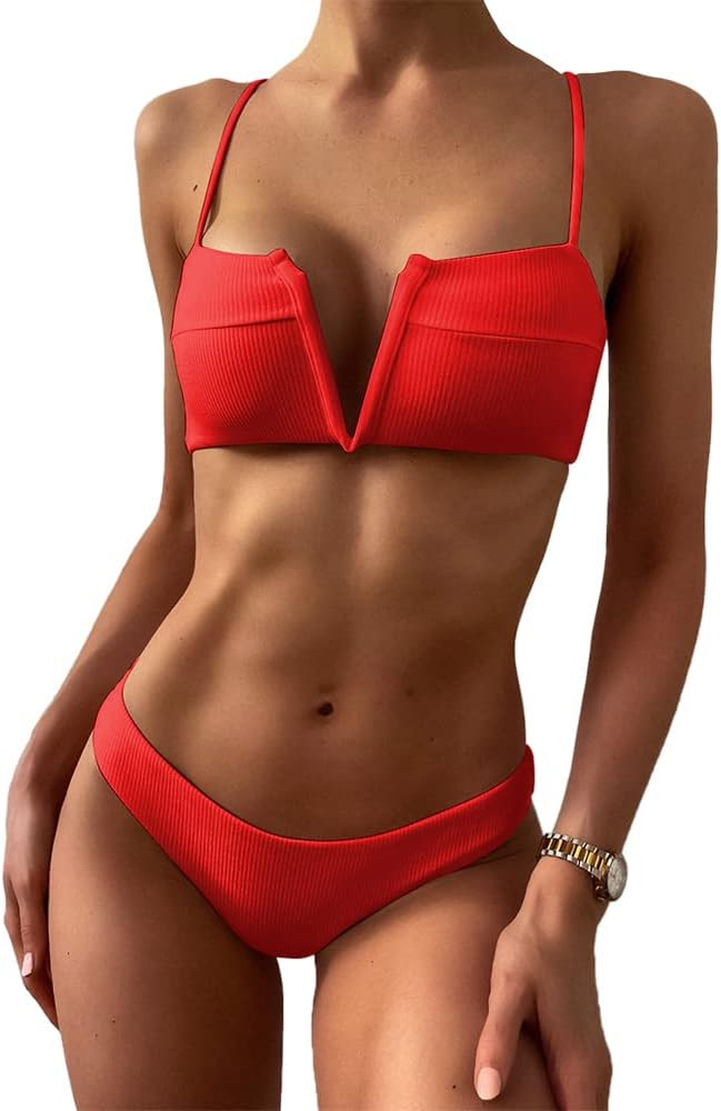 ZAFUL Women's V-Wire Padded Ribbed High Cut Cami Bikini Set Two Piece Swimsuit | Amazon (US)