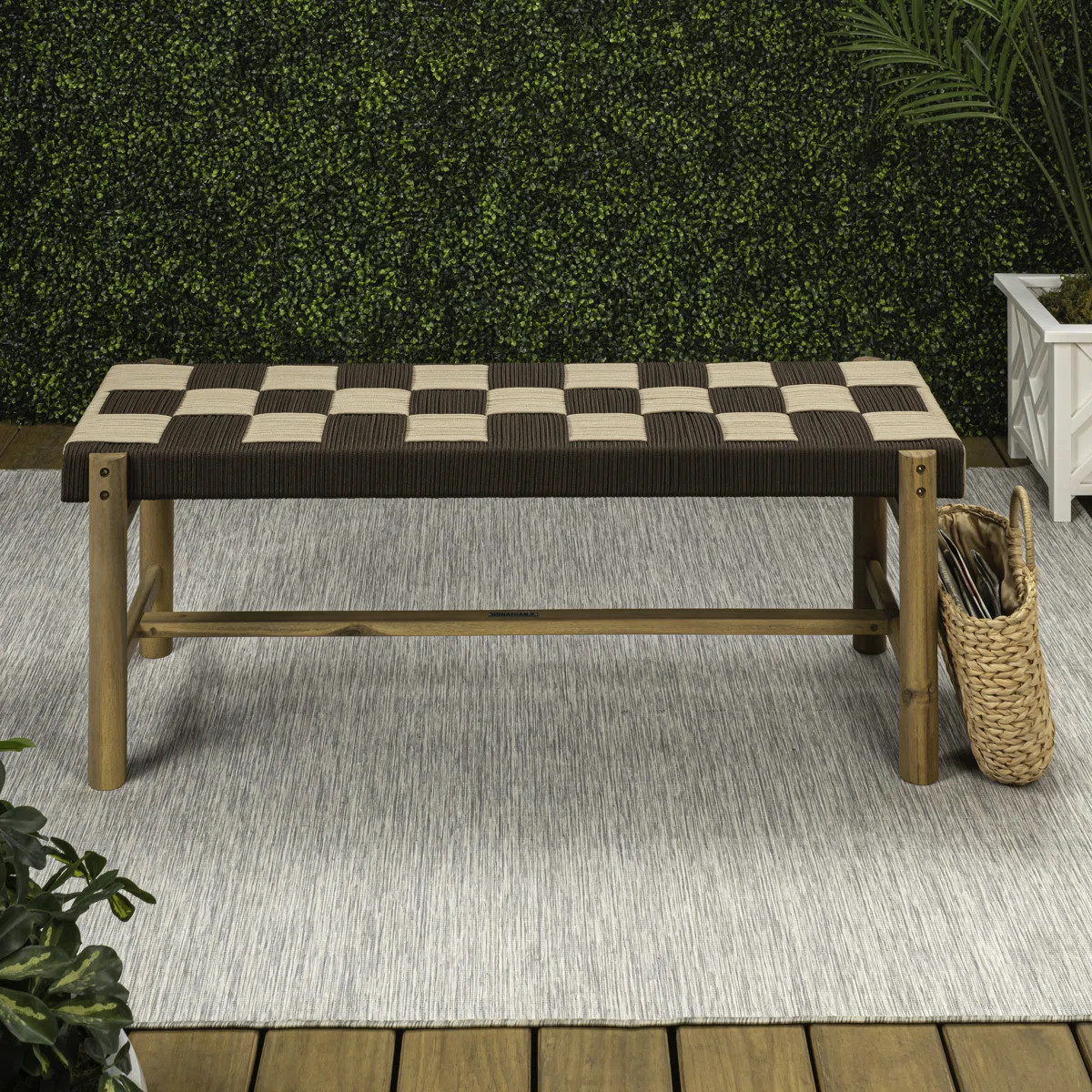 Denis 47" Bohemian Brown and Beige Checkerboard Woven Rope Indoor/Outdoor Bench, Light Teak Acaci... | Wayfair North America