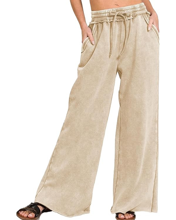 Ainangua Women Acid Wash Palazzo Sweatpants Casual High Waist Drawstring Wide Leg Pants Baggy Fle... | Amazon (US)