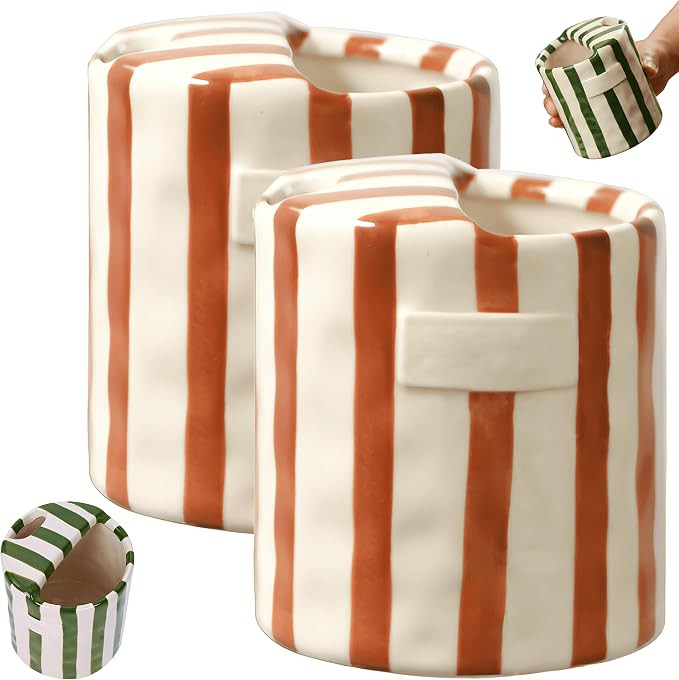 2 Pack Brown Retro Striped Ceramic Coffee Mug 10oz Hand-Painted Vintage Espresso Cup with Built-i... | Amazon (US)