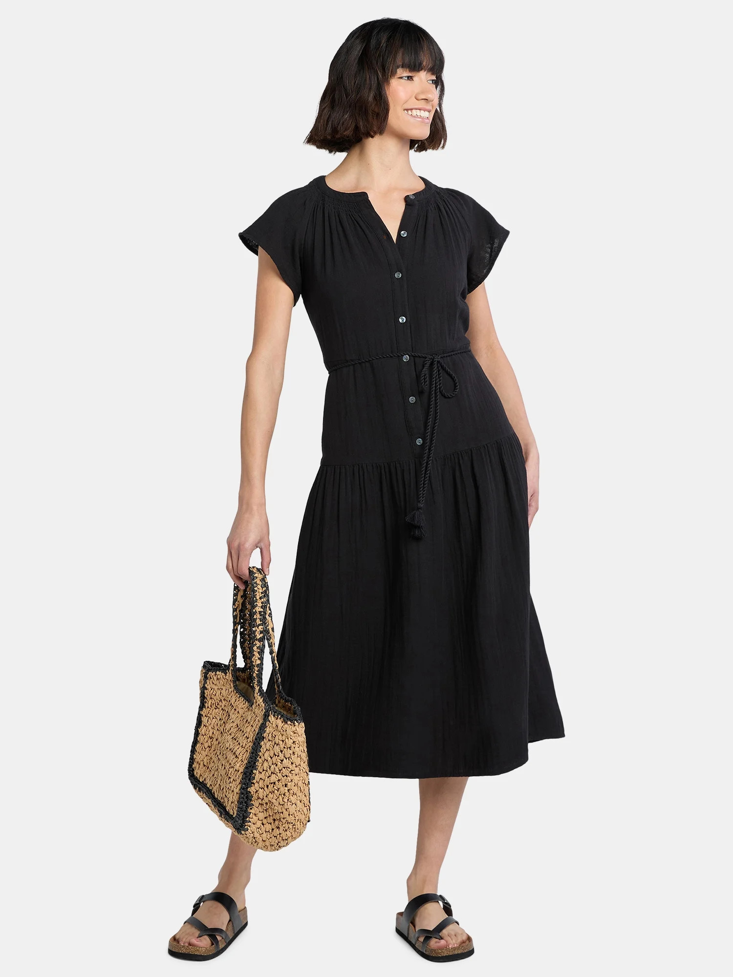 Time and Tru Women's and Women's Plus Double Cloth Cotton Midi Dress, Sizes XS-4X | Walmart (US)