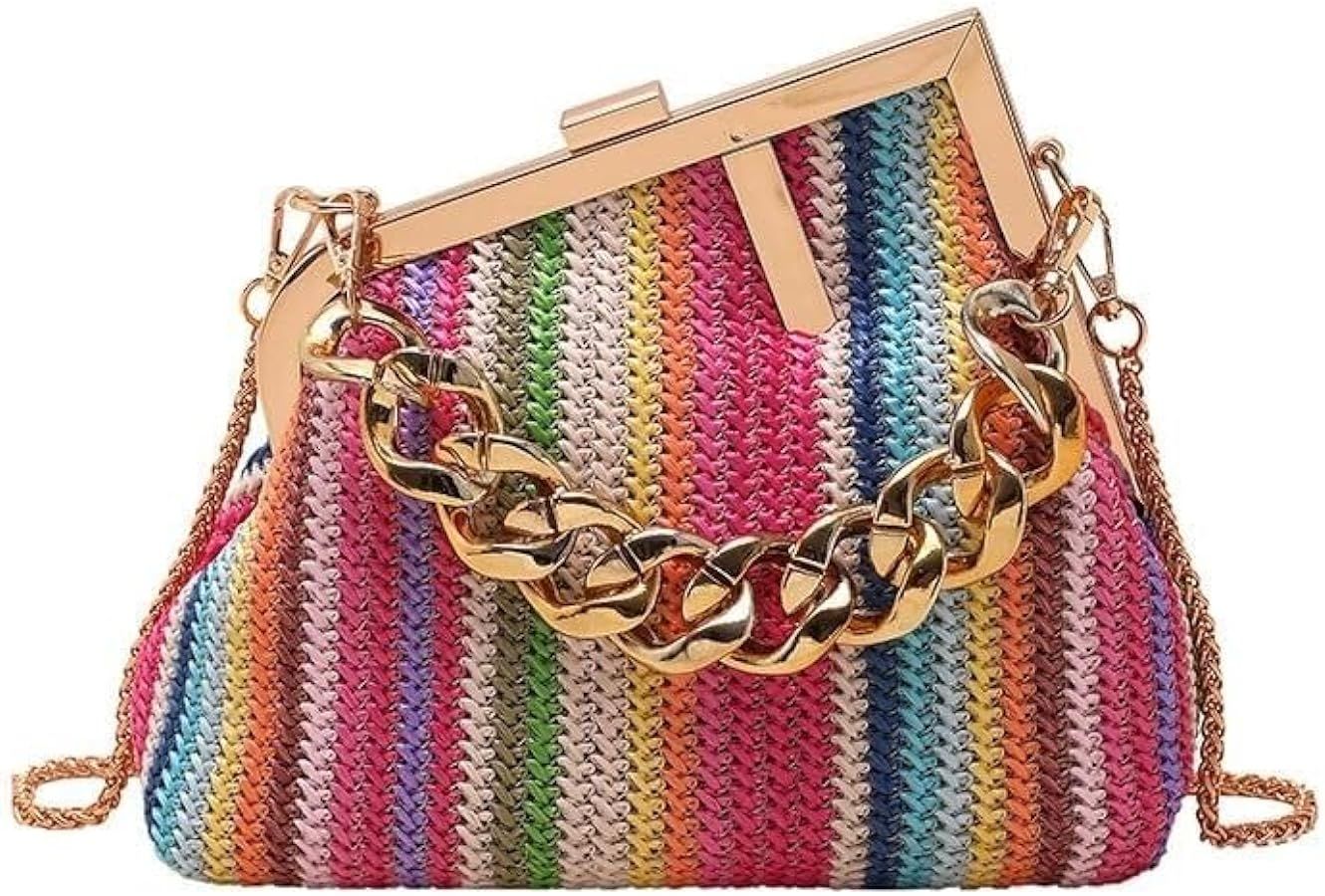 Small Clutch Handbag Straw Purse for Women, Trendy Crossbody Designer Chain Shoulder Sling Evenin... | Amazon (US)