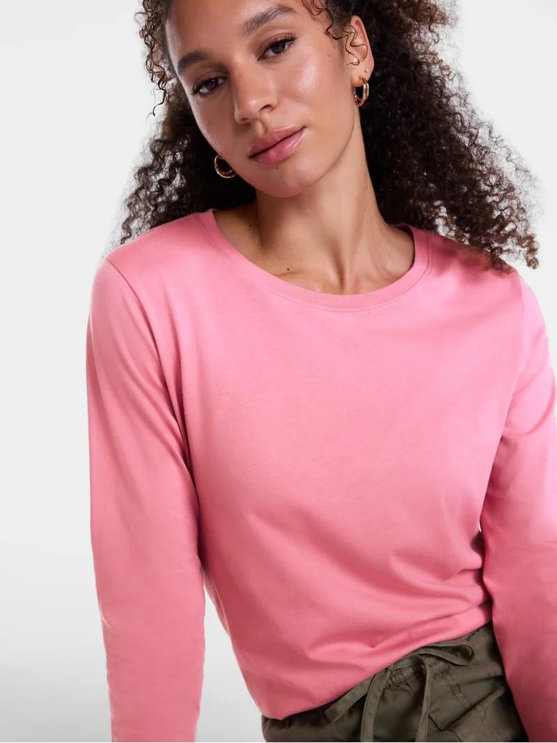 Scenario Women's Cotton Crewneck Tee with Long Sleeves, Sizes XS-XXXL | Walmart (US)