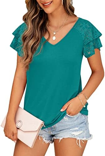 Womens Summer Tops Ruffle Sleeve with Lace Short Sleeve V Neck Shirts Casual Loose Fit T-shirts | Amazon (US)