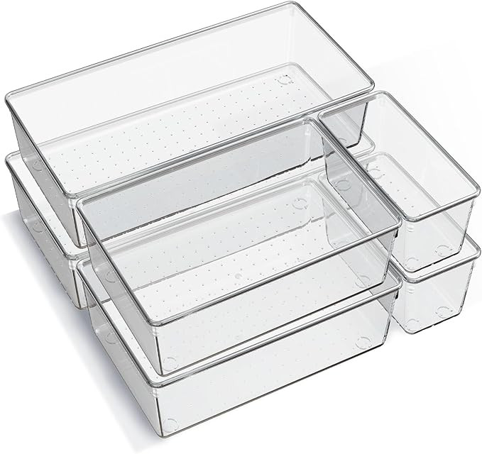 6 Pack Large Clear Plastic Drawer Organizer Trays, Acrylic Kitchen Drawer Organization and Storag... | Amazon (US)