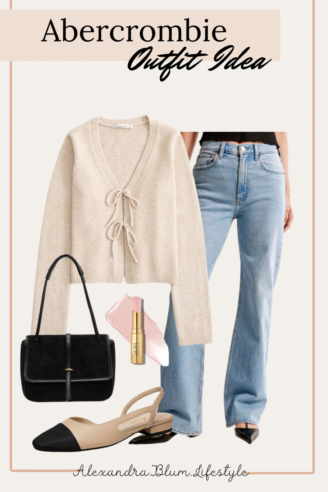 Abercrombie outfit idea! Casual outfit for fall! Fall outfit! Now tie front cardigan, slouchy wide leg jeans, black toe nude flats, black suede handbag, and Amazon lip stick! 

#LTKFindsUnder100 #LTKItBag #LTKStyleTip