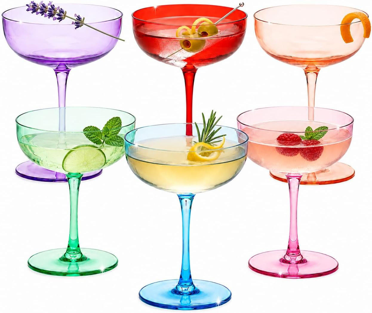 Colored Coupe Glasses - Martini , Cocktail & Champagne Glasses 7oz | Set of 6 | Cute & Colorful Pastel Colored Crystal Cocktail Glassware , Fun Classic Goblet Cocktails Glass, Stemmed Ripple Glassware | Amazon (US)