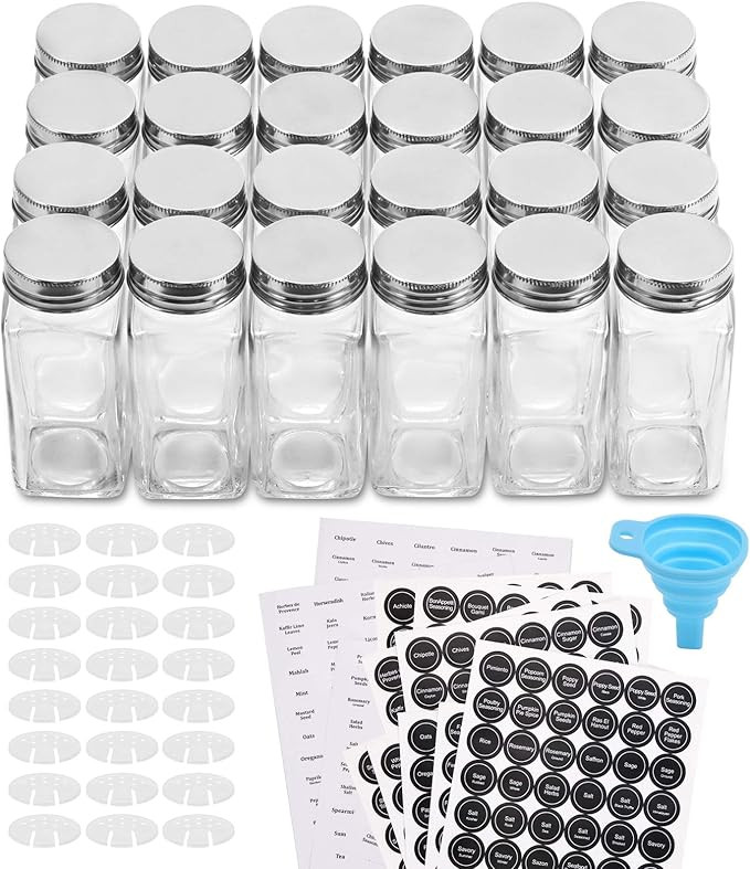 Aozita 24 Pcs Glass Spice Jars/Bottles - 4oz Empty Square Spice Containers with 612 Spice Labels ... | Amazon (US)