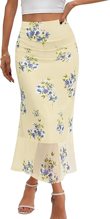 MEROKEETY Women's Summer Floral Mesh Midi Skirt 2026 Casual Trendy High Waist Ruched Boho Skirts | Amazon (US)