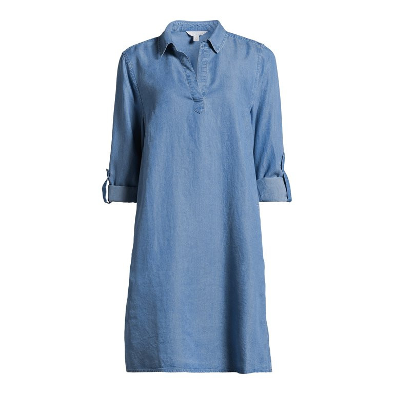 Time and Tru Women's Mini Shirt Dress with Sleeves, Sizes XS-3XL | Walmart (US)