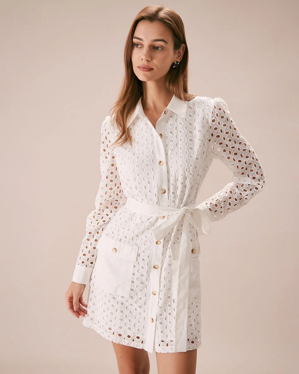 The White Eyelet Embroidery Shirt Mini Dress & Reviews - White - Dresses | RIHOAS | rihoas.com
