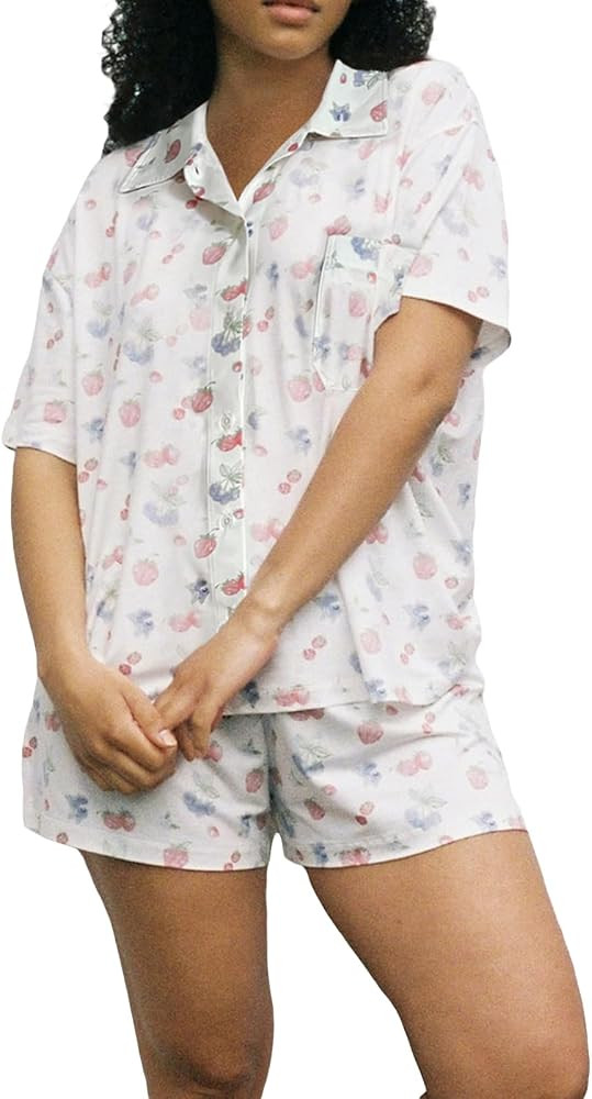 Yiulangde Floral Fruit Print 2 Piece Pajamas Set Y2k Long Sleeve Button Down Shirt Shorts Two Pie... | Amazon (US)