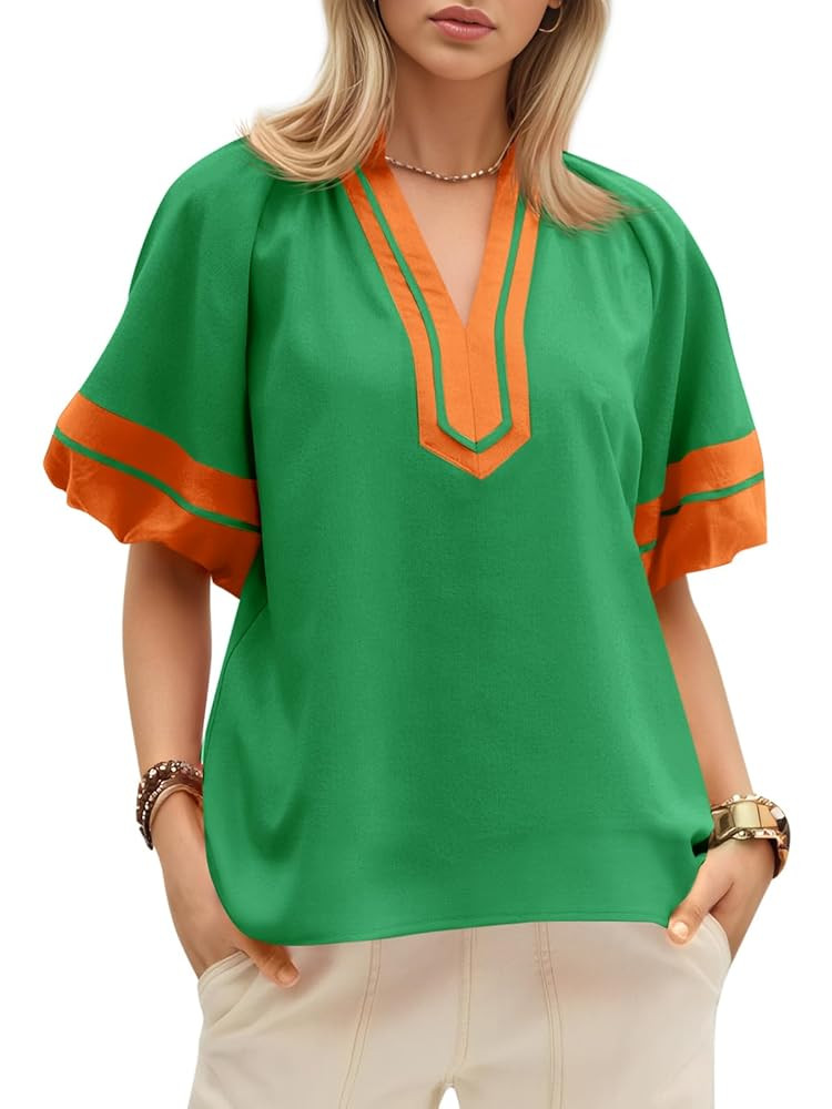 Cicy Bell Womens Color Block Puff Half Sleeve Tops Casual V Neck Blouse Loose Fit Side Split Shir... | Amazon (US)